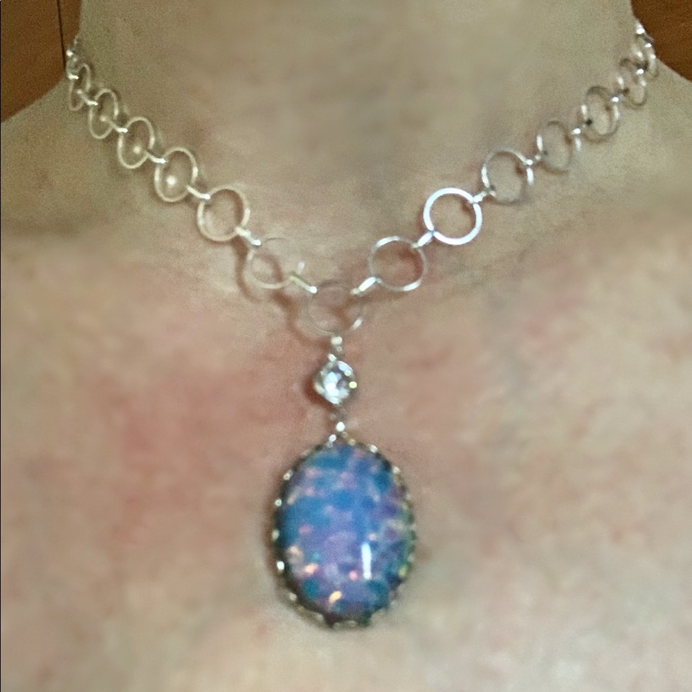 Harlequin Jelly Opal on Silver Setting with Rhinestone on Silver Ring Chain
